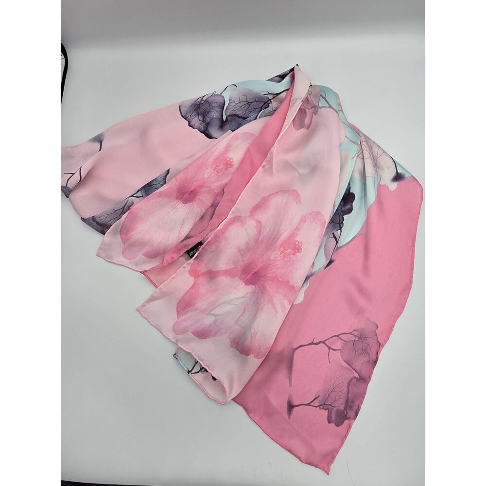 Chinese Silk Scarf Pink Hand Sewn Edges Floral blossom 20.5 x 66 Quiet Luxury